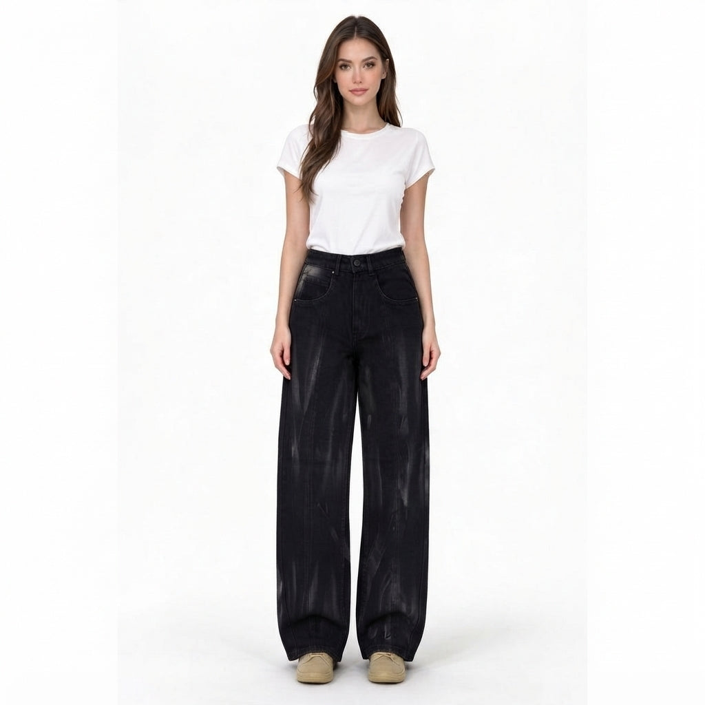 Black Acid-Wash High-Rise Wide-Leg Jeans
