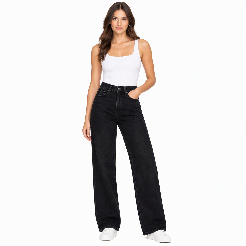 Black High-Rise Wide-Leg Denim Jeans