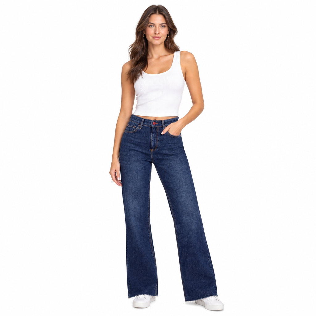 Dark Blue High-Rise Wide-Leg Jeans with Raw Hem