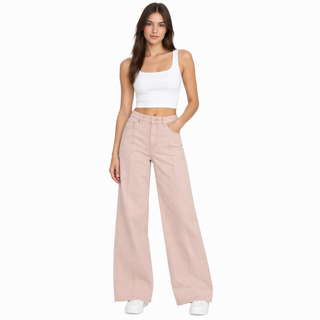 Dusty Pink High-Rise Seamed Wide-Leg Denim Trousers