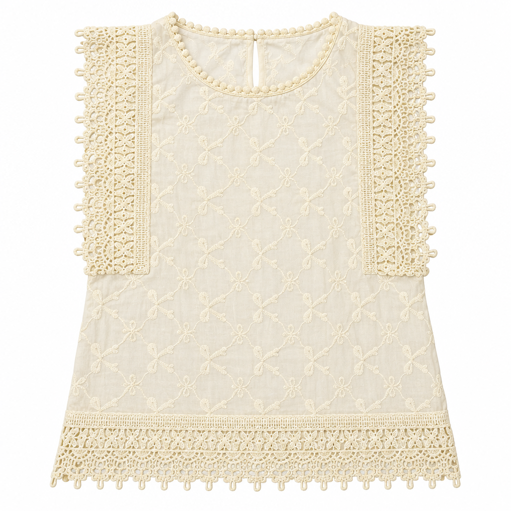 Lace and Cutwork Sleeveless Top Cream