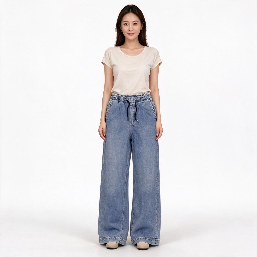 Light-Medium Wash Elastic-Waist Wide-Leg Denim Mom Jeans