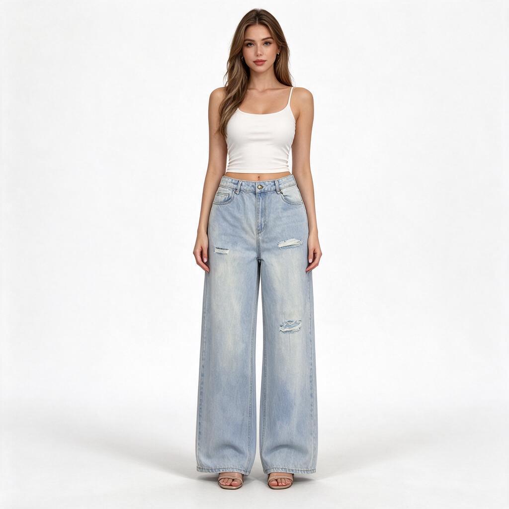 Light Blue High-Rise Distressed Wide-Leg Jeans