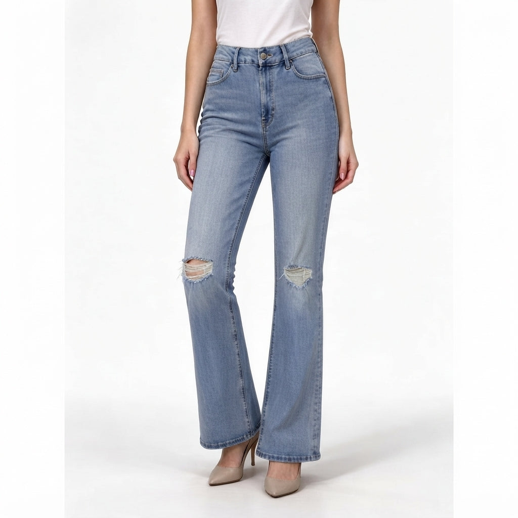 Light Blue High-Rise Knee-Ripped Flare Jeans