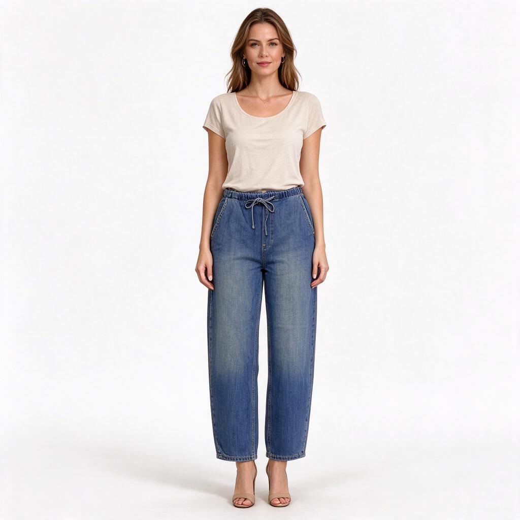 Medium-Wash Cropped Barrel-Leg Mom Jeans