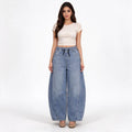 Medium-Wash Elastic-Waist Barrel-Leg Denim Mom Jeans