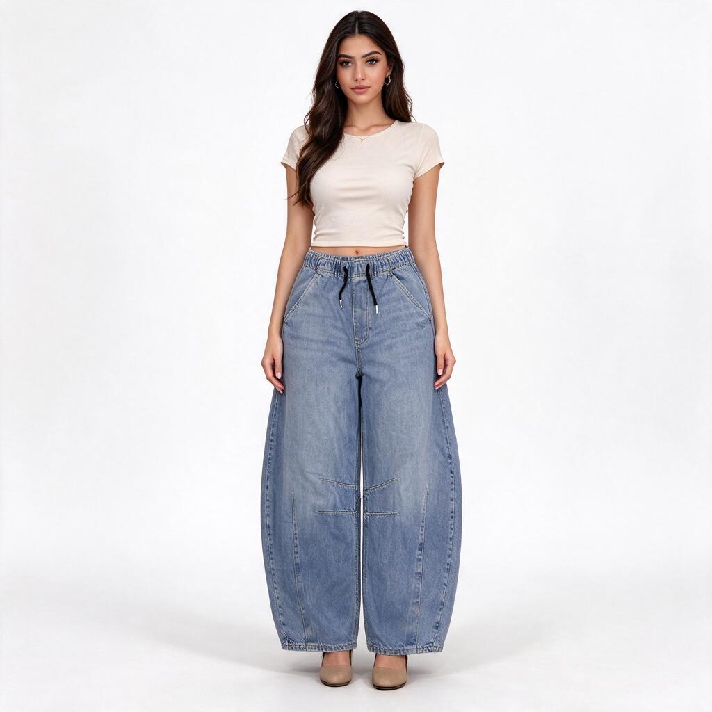 Medium-Wash Elastic-Waist Barrel-Leg Denim Mom Jeans