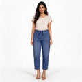 Medium-Wash Elastic-Waist Cropped Patch-Pocket Mom Jeans