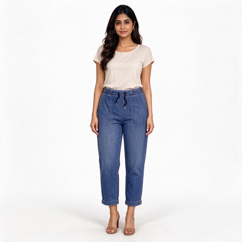 Medium-Wash Elastic-Waist Cropped Patch-Pocket Mom Jeans