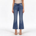 Medium-Wash High-Rise Cropped Flare Jeans with Raw Hem