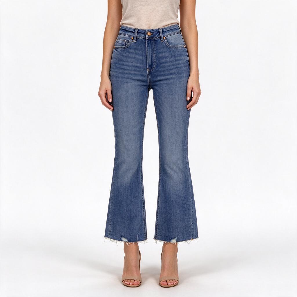Medium-Wash High-Rise Cropped Flare Jeans with Raw Hem