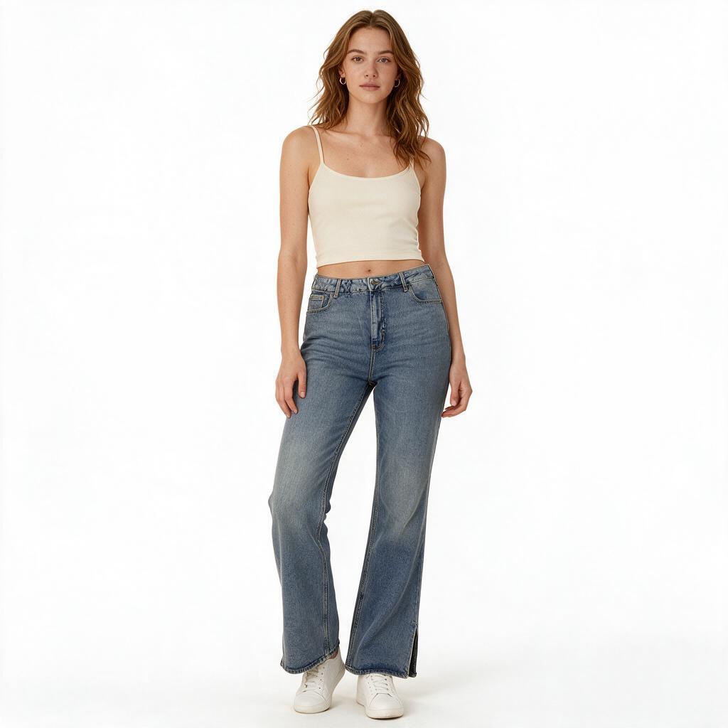 Medium-Wash Mid-Rise Split-Hem Flare Jeans