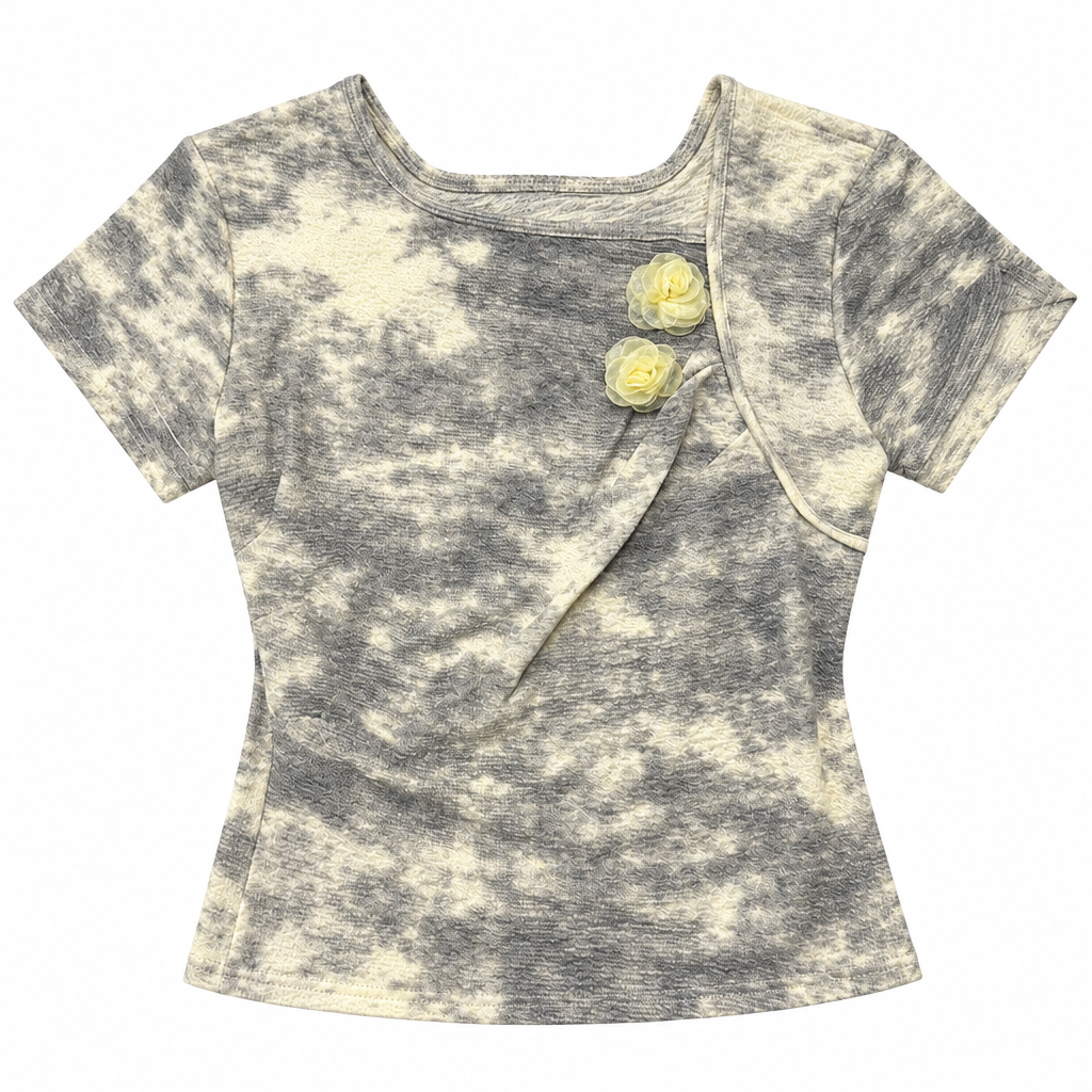 Ruched Tee with Flower Appliques