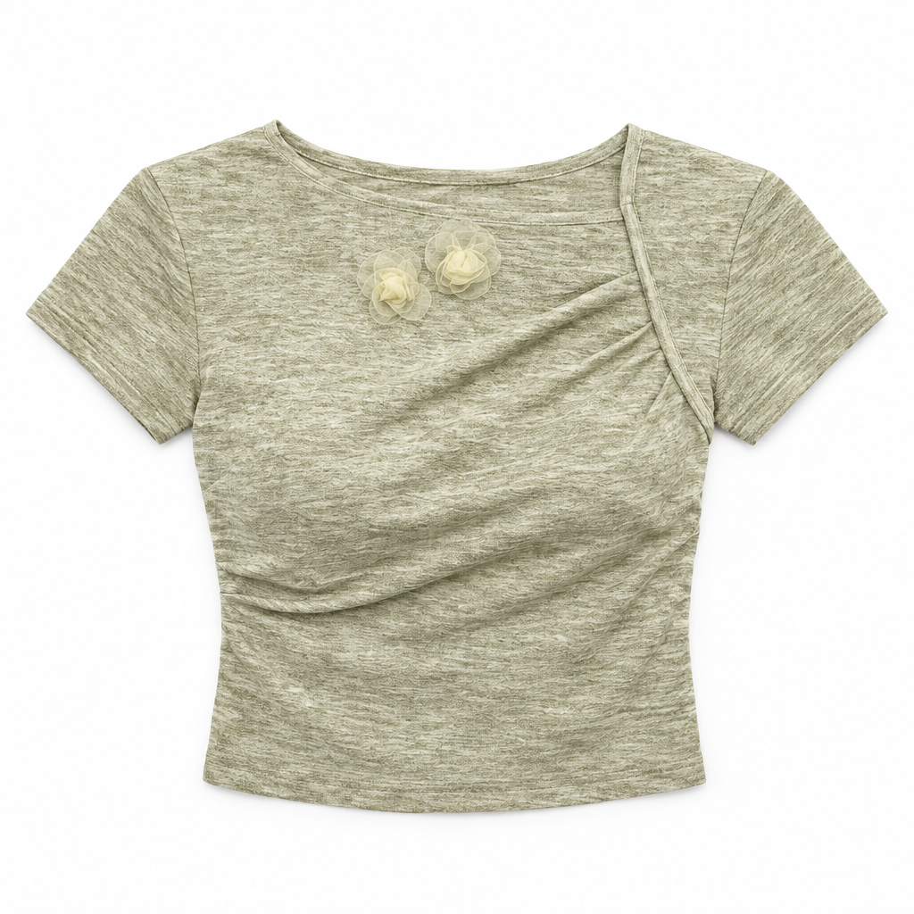 Ruched Tee with Flower Appliques