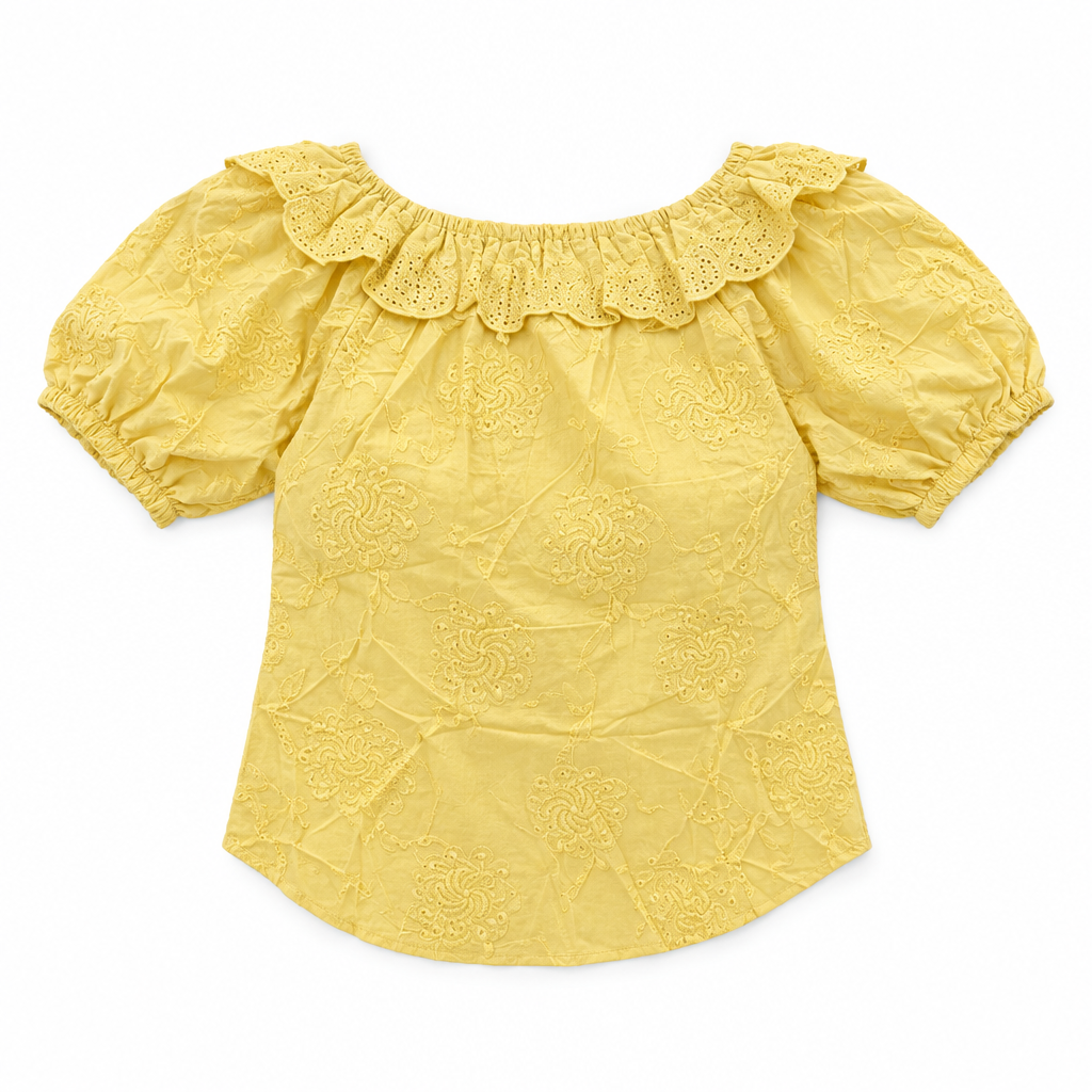 Short-Sleeve Cutwork Blouse in Yellow