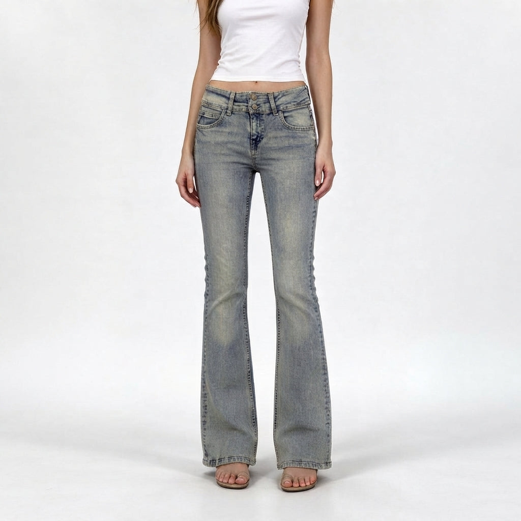 Vintage Acid-Wash Low-Rise Flare Jeans