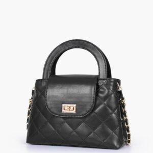 Black flap quilted bag with top handle